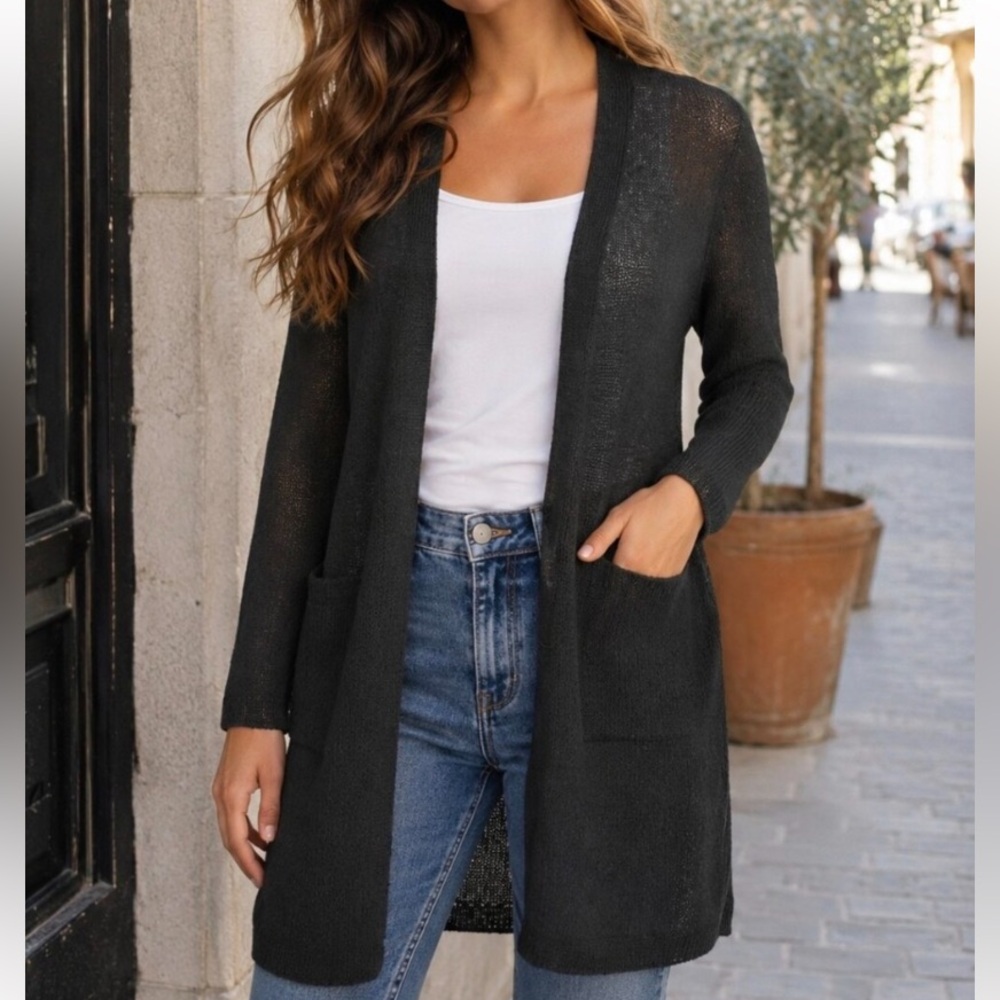 J JILL Linen Blend Duster Long Line Langenlook  Sweater Cardigan Black Size M